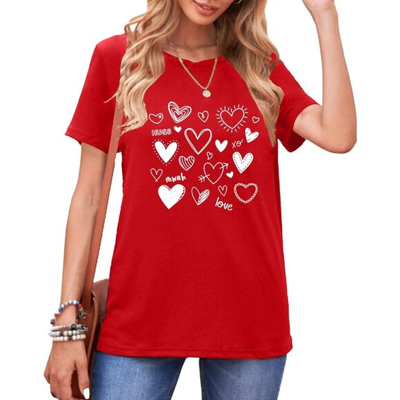 Meesheep Women Red Cute Love Hearts Pull On T shirts Valentines Day Gifts Tops - Picture 3 of 6